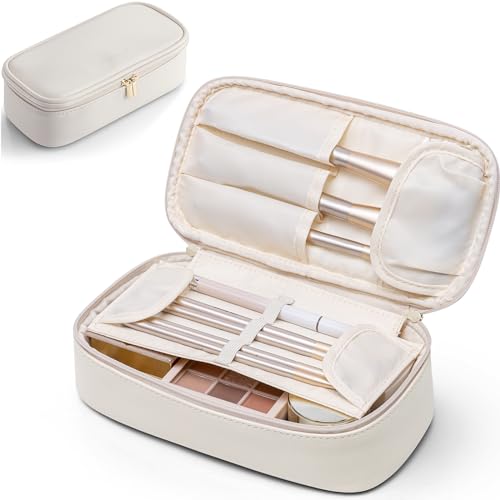 Vlando Makeup Bag with Brush Compartment, Large Size PU Leather Travel Cosmetic Bag, Portable Water-Resistant Makeup Organiser Case for Women, White B.white.large