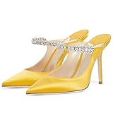 Jimishow Women's High Heel Mules Yellow Satin Mule Heels Strappy Mary Jane Rhinestone Wedding Shoes 4” Heel Slip on Party Sandals Size 5-13 US