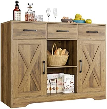 HOSTACK Modern Farmhouse Buffet Cabinet with Storage, Barn Doors Sideboard Buffet Storage Cabinet with Drawers and Shelves, Wood Coffee Bar Cabinet for Kitchen, Dining Room, Living Room, Rustic Brown
