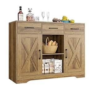 HOSTACK Wood Modern Farmhouse Buffet Storage Cabinet Barn Doors Sideboard with Storage, Drawers and Shelves For Coffee Bar, Kitchen, Dining Room, Living Room, Rustic Brown