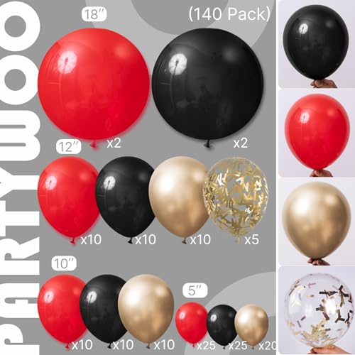 Image of PartyWoo Red Black and Gold Balloon Arch Kit Garland 140pcs Different Sizes of 18 12 10 5 Inch Matte Black Red Metallic Gold Confetti Balloons for New Year's Eve Graduation Birthday Party Decorations