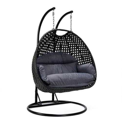 Image of Double Seater Hammock Swing Chair with Stand & Cushion | Heavy Duty Powder Coated Steel Frame | Outdoor Indoor Hanging Swing for Patio Balcony Garden Terrace Living Room (Black-Grey)
