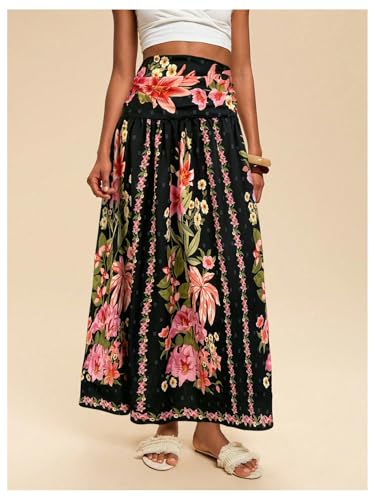 Verdusa Women's Boho Floral Print Maxi Skirt Shirred High Waisted A Line Flowy Long Skirts3