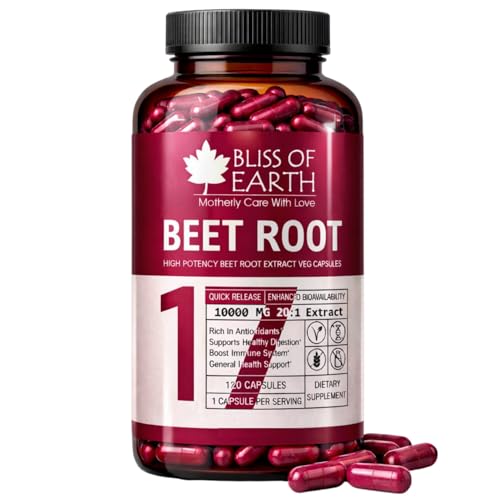 Bliss of Earth Beet Root Capsules High Strength 10 000mg (20:1) Red Beet Extract Natural Nitric Oxide Booster Beetroot Supplement Supports Blood Circulation Heart Health & Energy 120 Veg Capsules