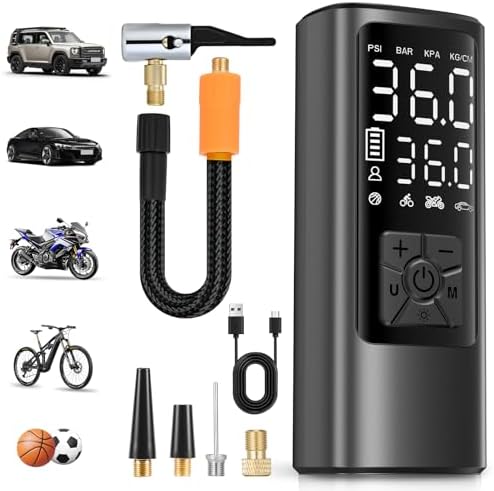 HOVVIDA Elektrische Luftpumpe, 10,3 bar Fahrradpumpe Elektrisch, Akku-Luftpumpe mit Druckvoreinstellung & Auto-Abschaltung, Wiederaufladbar, Luftpumpe für E-bike, Auto, Fahrrad, Mo