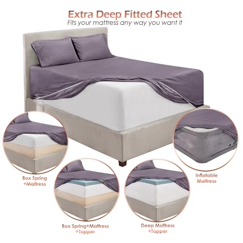 Image of Hearth & Harbor Extra Deep Pocket Sheet Sets, Luxury Soft 6 Piece Bed Sheet Set Fits Mattress 18-24 Inches - King, Grayish Purple