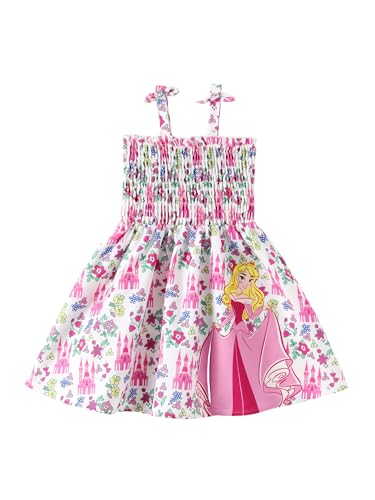 Disney Princess Aurora Toddler Girl Dress White Pink Castle Floral Print Bow Tie Straps Smocked Sundress Birthday Park Summer Outfit Clothes 3-4T
