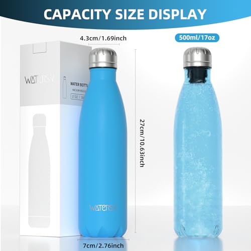 Image of WATERSY Stainless Steel water bottles,17oz /500ml Insulated Water Bottles,Blue metal water bottle Keeps Drink Cold and Hot,BPA Free kids water bottles for School,Gym,Travel,Sports