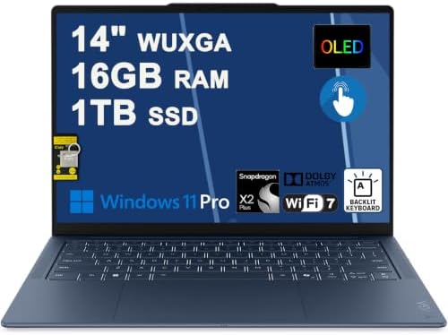 Lenovo Yoga Slim 7X Laptop 14" WUXGA OLED Touch (100% DCI-P3, 400nits) 6-core Snapdragon X2 Plus (Up to 80 Tops) 16GB RAM 1TB SSD Backlit for Creator Designer Business Professional Win11Pro ICP Hub