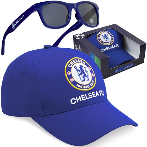Get Trend Chelsea FC Baseball Cap Sunglasses Set for Boys Adjustable Sun Hat 100% UV Shades Kids Travel Holiday Essentials Boys Gift (Blue Chelsea Set)