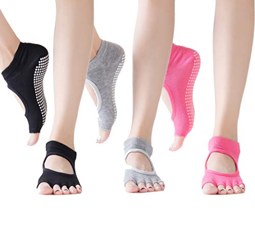 3 Pairs Non Slip Yoga Socks For Women Toeless Half Toe Socks For Ballet Pilates Barre Bikram Workout Socks With Grips (Black & Light Grey & Red) #TOP4