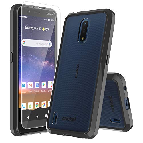 for Nokia C2 Tennen Nokia C2 Tava (Cricket Wireless) case with Protector Tempered Glass,Scratch Resistant Flexible Non-Slip Thin TPU Rubber with Kickstand Shockproof Snugly Fit Case (Clear Black)