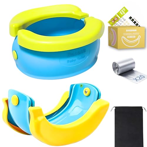 RIVERMUM® I Orinal Portatil niños plegable, Orinal Portatil Banana, WC Portatil Niños, Plegable y Divertido, Ideal para Casa, Coche o Viajes, incluye 20 Bolsas, Cacalendario y Bolsa transporte (AZUL)