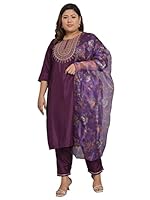 VredeVogel Women's Silk Blend Plus Size Kurta Pant Set with Organza Dupatta (Purple_6XL)