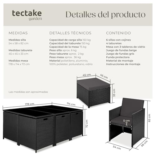 tectake® Conjunto Jardín Exterior de Ratán y Aluminio, Muebles Jardín Exterior Resistentes a la Intemperie, para hasta 10 Personas, con 2 Juegos de Fundas y Funda Protectora - Negro - imagen 7