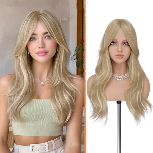Haloo Blonde Wigs with Curtain Bangs - Lace Front Hairline Middle Part Long Layered Natural Looking Wavy Hair Synthetic Women Wig for Daily Party, 22 Inch Blonde Highlights