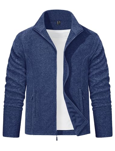 EKLENTSON Work Fleece Jacket Men Full Zip Winter Lightweight Warm Soft Hiking Jacket Work Sport Casual Coat Outerwear with Zip Pockets Dark Blue,M