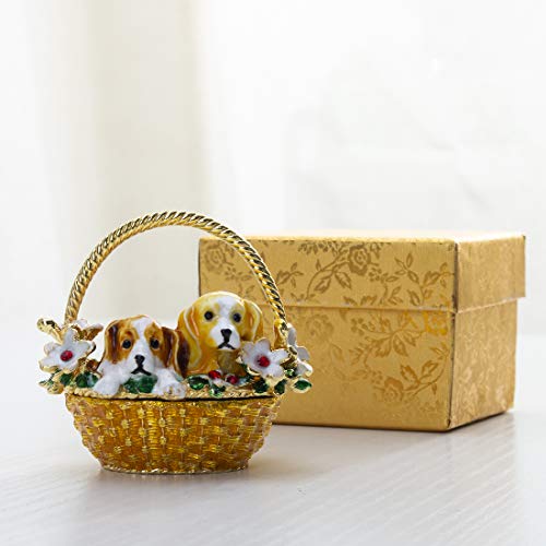 Yu Feng Puppy Flower Basket Trinket Boxes Hinged Rhinestones Jeweled Painted Enameled Collectible Dog Animal Figurine Jewelry Holder Box #TOP5