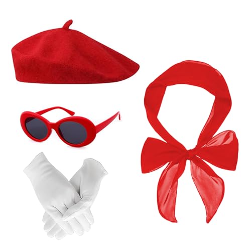 Rockabilly Accessoires Damen, 4 Stück 1950s Französisches Kleid Zubehör, Kostüm Set mit Schal, Baskenmütze, Sonnenbrille, Handschuhe, Retro Teily...