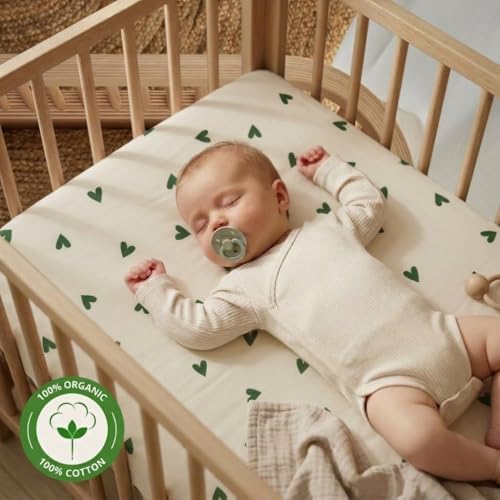 Image of Crib Sheets - Organic Cotton Muslin Fitted Crib Sheet - Standard Size for Baby Boy and Baby Girl 28 inch x 52 inch Ultra-Soft and Breathable. (Green Hearts)
