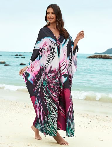 Image of KECVOT Kaftan Dresses for Women Plus Size Batwing Sleeve Caftans Long Bathing Suit Cover Up Maxi Beach Dress Loungewear