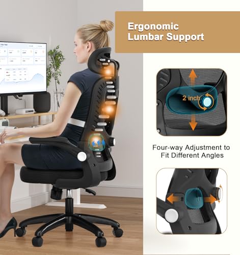 Office Chair, SPRDENG Ergonomic Office Chair with Two-Way Adjustable Lumbar Support & Headrest, High Back S-Shaped Computer Chair with Flip-up Padded Armrests, Swivel Task Chair fo image 2