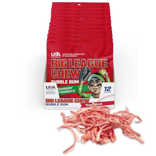 Big League Chew Slammin' Strawberry Bubble Gum - Sweet Strawberry Sensation | Perfect for Baseball Games, Teams, Concessions, Parties, and More | Pack of 12 Bags (2.12oz Each)