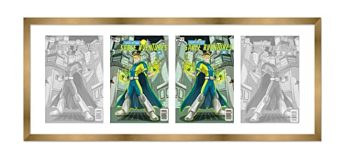 Comic Book Frame Bronze Gold Matted For Comics Published Between 1986 and Present Day (Silver Age Comic Solid Wood Frame) Made To Showcase 4 Comics Under UV Acrylic With Acid Free White Matting