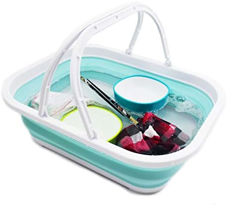 SAMMART 12L Collapsible Tub with Handle - Portable Outdoor Picnic Basket/Crater - Foldable Shopping Bag - Space Saving Storage Container (White/Lake Green)