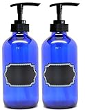 2 Pack Firefly Craft Cobalt Blue PLASTIC Pump Bottles with Chalkboard Labels, 16 ounces each