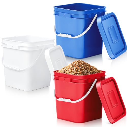 Image of Mumufy 3 Pcs 3.5 Gallon Square Food Grade Bucket with Lid Square Bucket Pail Plastic Handles for Long Term Food Storage, Camping, Fishing, Home Organization Easy Stack and Store (White,Red,Blue)