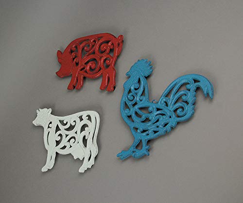 Zeckos DW71723 Set Of 3 Red, White, And Blue Cast Iron Cow, Pig, And Rooster Kitchen Trivets Decorative Wall Art Hangings thumb #1