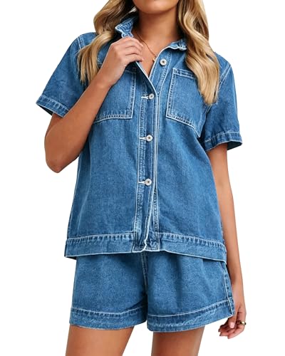 Image of Kedera Summer Denim Set for Women 2 piece Casual Short Sleeve Boxy Shirt Tops and Shorts Pants Lounge Sets Outfits