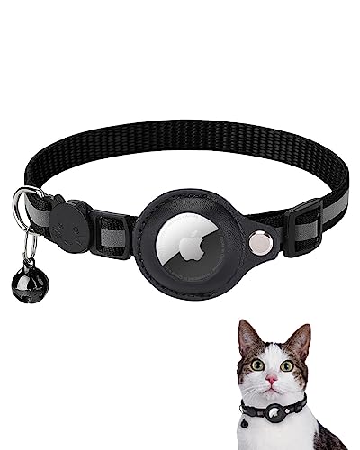 Airtag Katzenhalsband, Reflektierendes AirTag Katzenhalsband mit AirTag-Halterung und Glocke, GPS Leichte Tracker Katzenhalsbänder, Katzen-AirTag-Halsband mit Abbrechbarer Sicherheitsschnalle(Schwarz)
