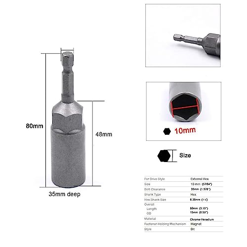 Image of RUIAN 10mm Hex Power Socket 1 /4 Inch Hex Shank Nut Driver Bit Set, 80mm Long Chrome Vanadium Steel Drill Bit Socket Adapter for Electrician Tools, 2-Pack