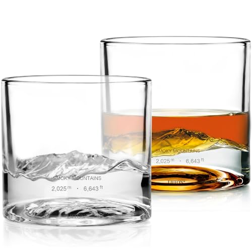 Image of LIITON Smoky Mountain Whiskey Glasses, Set of 2, 10oz, Bourbon Glass | Thick Freezable Crystal Rock Glasses, Old fashioned Whiskey Gifts for Men, Cocktails, Scotch Glasses
