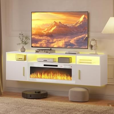 PUKAMI 70" Floating TV Stand with 36" Electric Fireplace,Wall Mounted Entertainment Center with LED Lights and Highlight Storage Cabinet for TVs up to 80" for Living Room, White and White