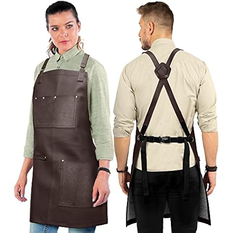 Under NY Sky Leather Apron - Cross-back Straps, Split-Leg, PU Leather, Brown, Medium Cover