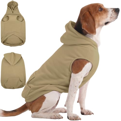 IECOii Dog Hoodie for Medium Dogs, Warm Fleece Dog Hoodies Sweater with Leash Hole and Pocket, Cozy Dogs Cold Weather Coat for Fall Winter Hooded Sweatshirt Vest for French Bulldog, Khaki, L