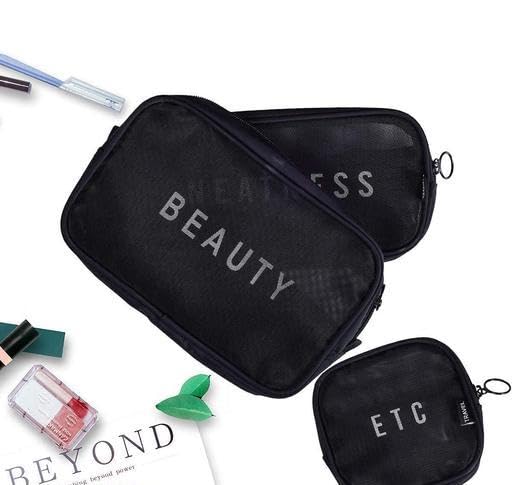 (ONLY POUCHES) Travel Nylon Mesh Makeup Bags Set 3 Pieces See Through Zipper Pouch Travel Cosmetic And Toiletry Kit Organizer Bag 3 Pack Of S M L 3-in-1-mkup-nvyblu-09-14 SB-P9284