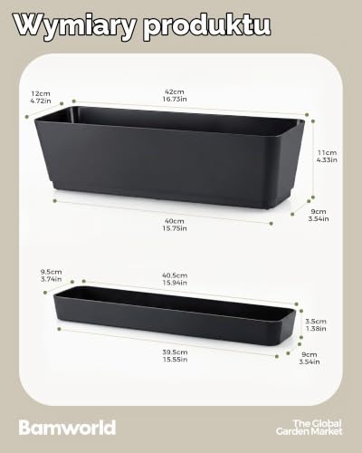 Bamworld Zestaw 3 Skrzynek Okiennych, 40x9.5 cm Duże Prostokątne Donice na Zioła z Podstawkami Ogrodowymi, Skrzynia na Ogród Ziołowy do Balkonu, Parapetu, Biura