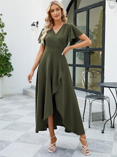 Image of Long Black Formal Dresses for Women Gowns Evening Party Cocktail Dress,Split Elegant V Neck Wrap Ruffle Wedding Guest Dresses