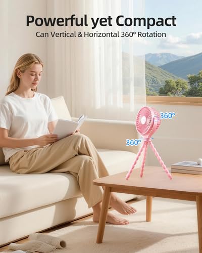 Image of Portable Stroller Fan Rechargeable USB Personal Clip On Fans, 360 Rotate 3 Speeds Detachable Flexible Tripod Small Mini Handheld Desk Fan Pink