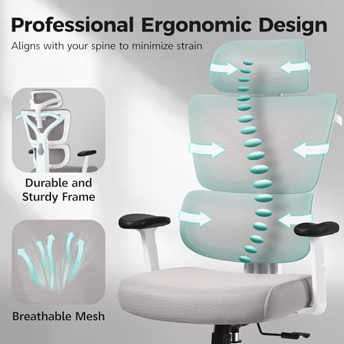 Image of Ergonomic Office Chair High Back Desk Chair with Lumbar Support, Breathable Mesh Computer Chair with Adjustable Armrests Height, Reclining Swivel Big and Tall Gaming Chair for Home Office(Gray)