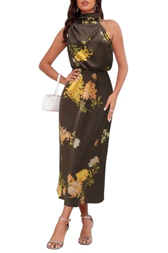 Image of Women's Satin Maxi Dress Summer Formal Wedding Guest Cocktail Dress | Mock Neck Sleeveless,Elegant Silk Midi Long Dress,High Neck,Halter,Aline,Bridesmaid,Bridal Shower Guest,Garden Party,Dinner
