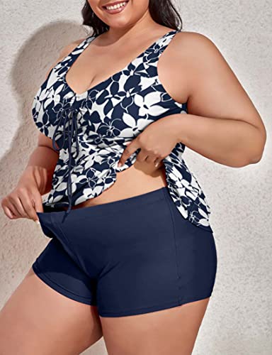 Omichic Women's Modest Tankini Two Piece Tank Top Shorts Tummy Control Swimsuit, Navy & White Floral, X-Large #TOP3