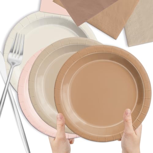 Image of CMUSKO Boho Baby Shower Decorations-150Pcs Gradient Brown Plates and Napkins Kit Serves 50,Neutral Boho Party Supplies for Bridal Shower,Wedding, Birthday