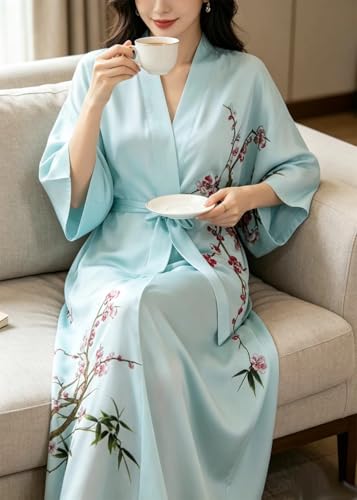 Image of Women's Classic 100% Silk Kimono Robe, Bathrobe-Printed Pattern