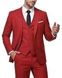 MY'S Conjunto de Traje Ajustado de 3 Piezas para Hombre, Chaqueta de Dos Botones, Chaleco, Pantalones, Corbata, Vestido de Novio, Liso, Esmoquin y Pantalones, Rojo -, Medium