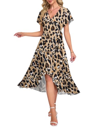 Image of AUSELILY Women Summer Midi Dresses Wrap Short Flutter Sleeve Elegant Dress | High Slit,High-waisted,Ruffled Hem,V-Neck,Fixed-strap Design,Skin-Friendly,Breathability,Wedding Guest Dresses